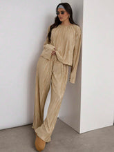 COSMINA Pleated Textured Fabric Two-Piece Set, Gold Two-Piece Set,Women 2pcs Casual Solid Color Pleated Long Sleeve Top And Pants Set, Autumn